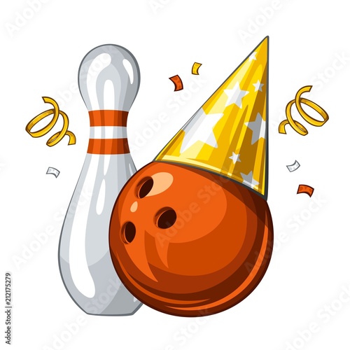 Vector illustration of bowling skittle and orange bowling ball in golden party hat, isolated on white background. Party shiny hat with stars. Happy birthday 1.1