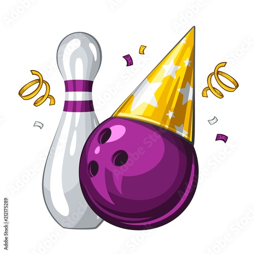 Vector illustration of bowling skittle and purple bowling ball in golden party hat, isolated on white background. Party shiny hat with stars. Happy birthday 1.1