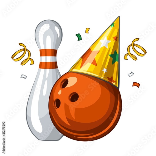 Vector illustration of bowling skittle and orange bowling ball in party hat, isolated on white background. Party shiny hat with colored stars. Happy birthday 1.1