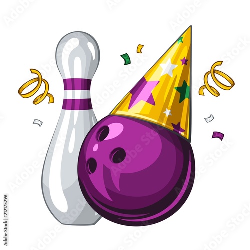 Vector illustration of bowling skittle and purple bowling ball in party hat, isolated on white background. Party shiny hat with colored stars. Happy birthday 1.1