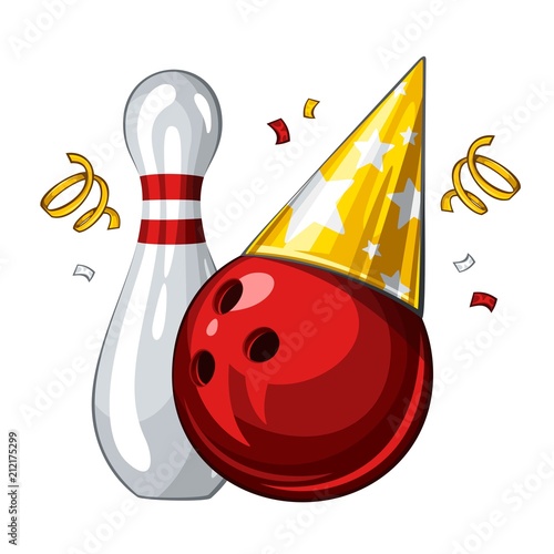 Vector illustration of bowling skittle and red bowling ball in golden party hat, isolated on white background. Party shiny hat with stars. Happy birthday 1.1