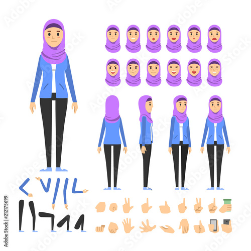 arabian casual woman character set. Full length. Different view, emotion, gesture.
