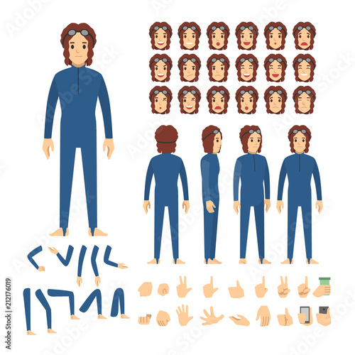 diver man character set. Full length. Different view, emotion, gesture.
