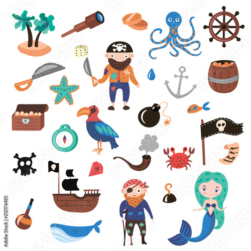 Set of Pirates vector cartoon objects. Adventures and Pirate party for Kindergarten. Children Adventure, treasure, pirates, octopus, whale, ship - Kids drawing vector cartoon objects about Pirates and