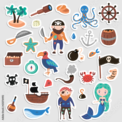 Set of Pirates vector cartoon stickers. Adventures and Pirate party sticker for Kindergarten. Children Adventure, treasure, pirates, octopus, whale, ship - Kids drawing vector cartoon stickers about