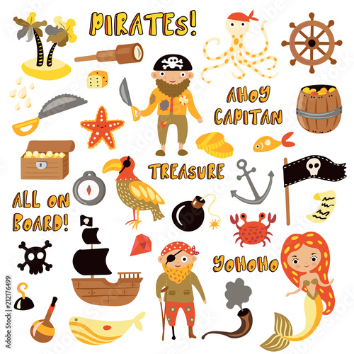 Set of Pirates vector cartoon objects. Adventures and Pirate party for Kindergarten. Children Adventure, treasure, pirates, octopus, whale, ship - Kids drawing vector cartoon objects about Pirates and