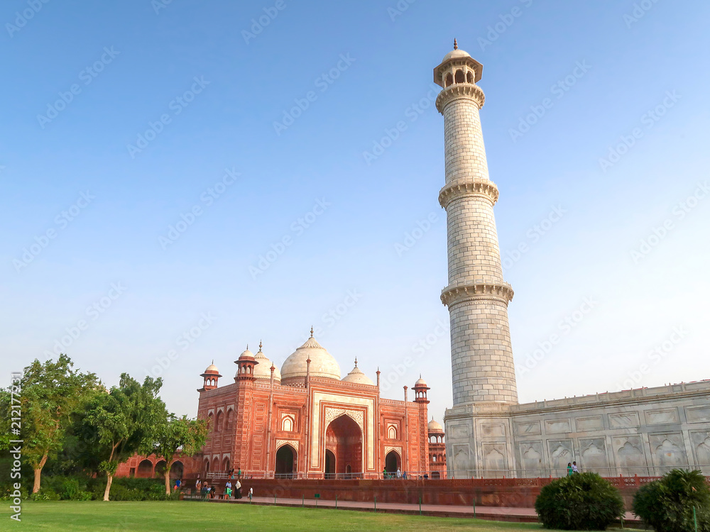 21 JUNE 2018, AGRA - INDIA. People visit The mosque of the Taj Mahal