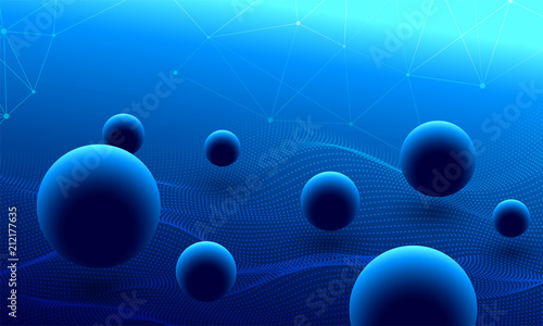 Shiny abstract blue background with technology connection with 3D round bubbles for Blockchain network concept.