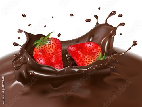 Strawberries dive into delicious chocolate liquid with splashes. Realistic 3D design.