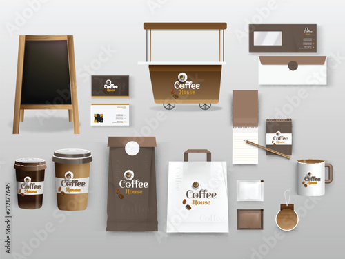 Collection of Corporate identity template with illustration of wheelbarrow, paper cups, diary and business card.