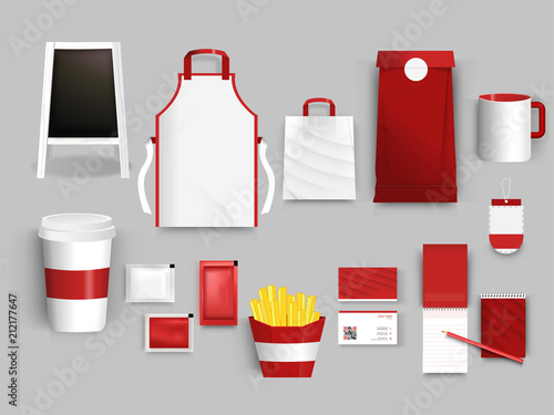 Realistic corporate identity set for cafe, restaurant and shop with illustration of apron, bag, business card, and paper cup.