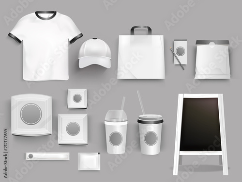 Creative collection of corporate identity template with illustration of t-shirt, bag, paper cup and cap.