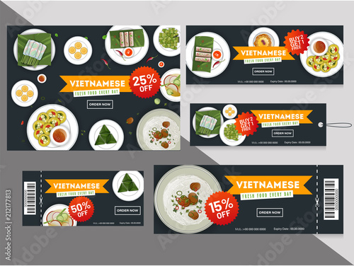 Vietnamese cuisine discount coupons or tags collection with different offers.