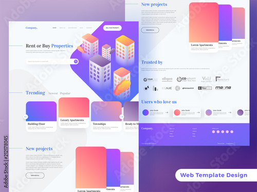 Skyscraper's view of building on shiny blue background. Responsive landing page or hero banner for rent or buy properties.