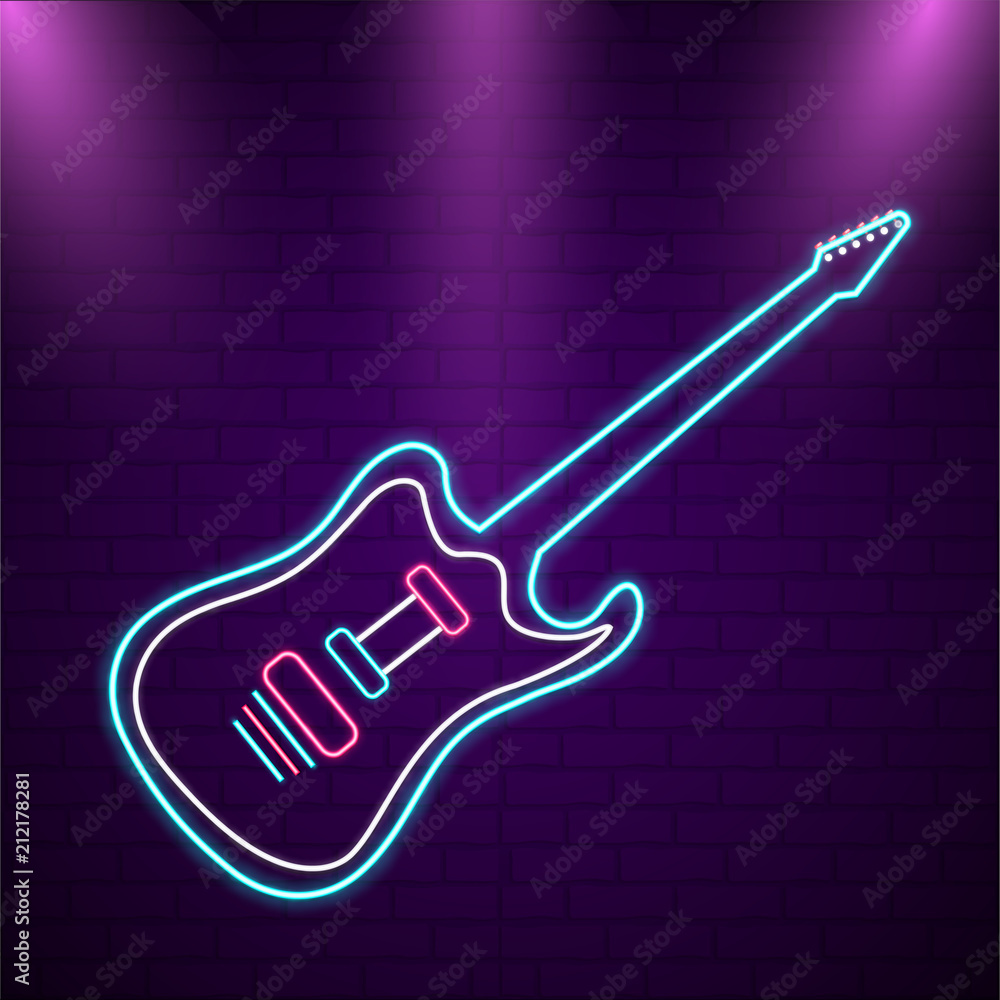 Isolated blue neon light guitar on purple brick wall. Isolated blue neon light guitar on purple brick wall.