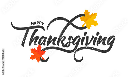 Shiny yellow and orange maple leaves decorated stylish black text Happy Thanksgiving Day. Poster or banner design.