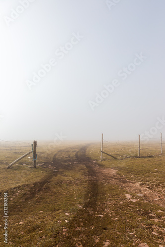 A mountain road through a fence in the fog, with car trails