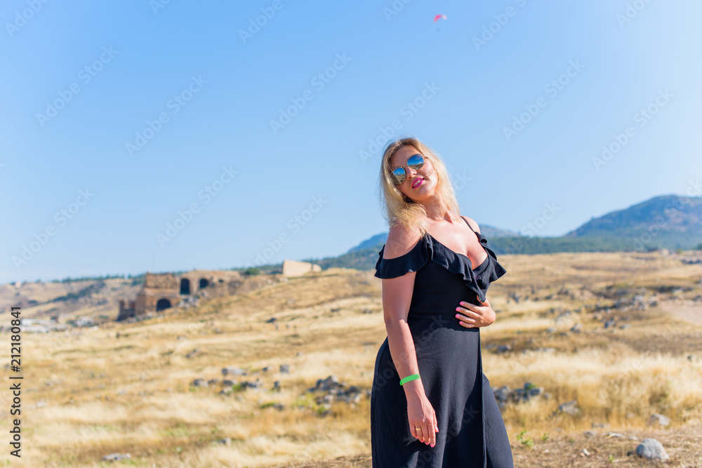 Plus size american sweet woman at nature, enjoy the life, walk at beach. Life of people xl size, happy nice natural beauty woman 