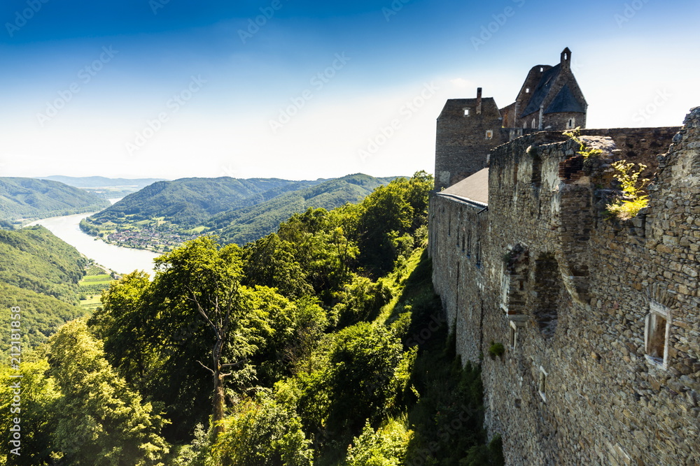 View of historic Aggstein castle ruin on the Danube river. Lower Austria.