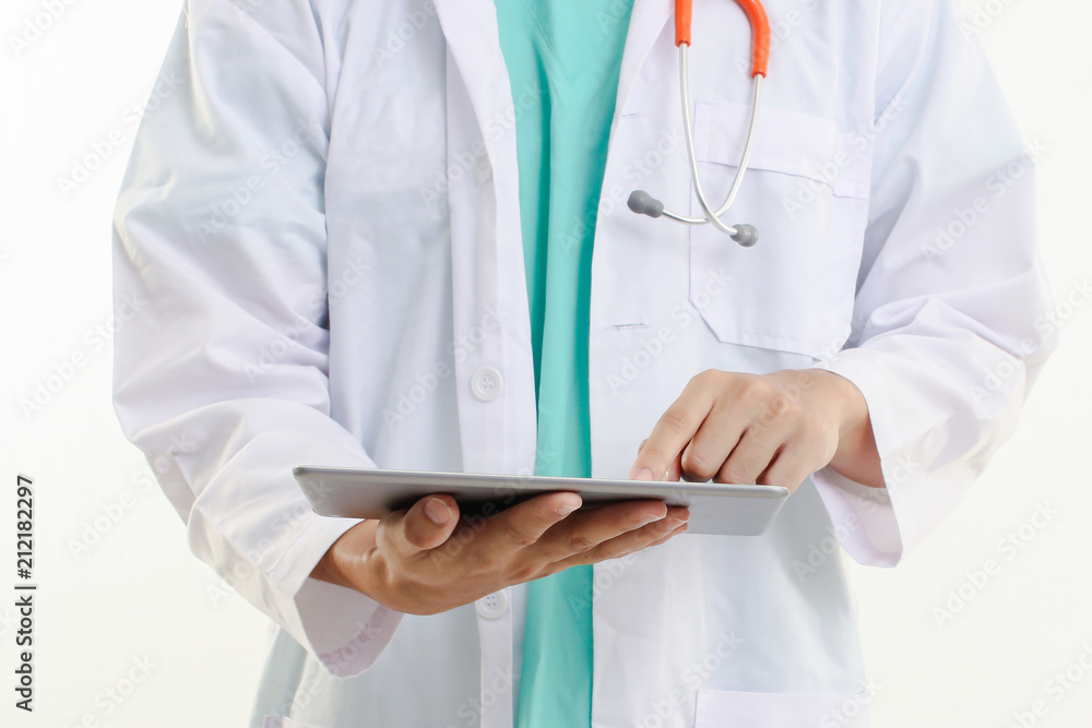 Close up of male doctor using digital tablet Close up of male doctor using digital tablet