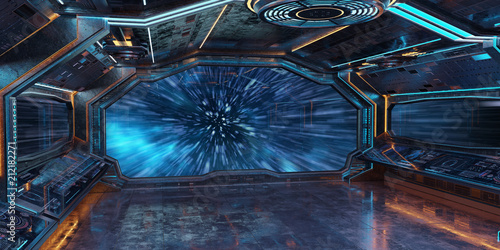 Fototapeta Naklejka Na Ścianę i Meble -  Grunge Spaceship interior with view on planet Earth 3D rendering