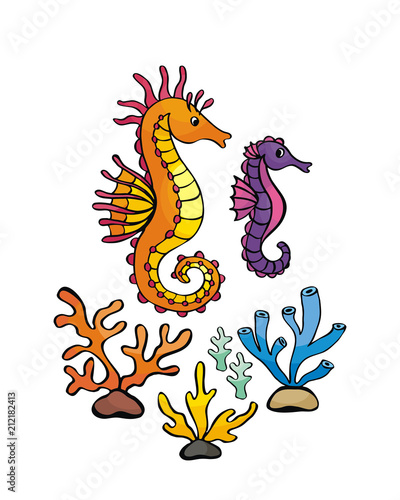Image of lovely sea inhabitants in doodle style. Vector illustration isolated on a white background.