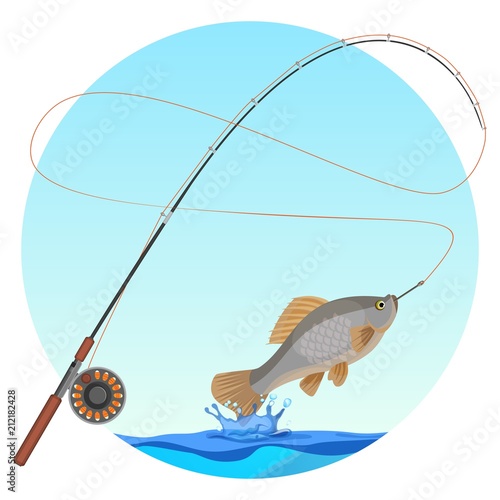 Fishing rod with caught fish on hook vector illustration
