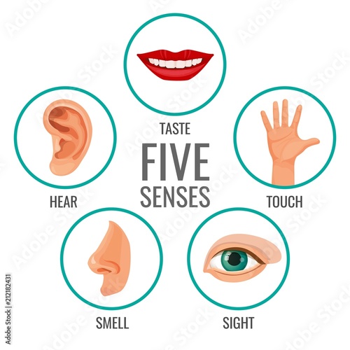 Five senses of human perception poster icons. Taste and hear