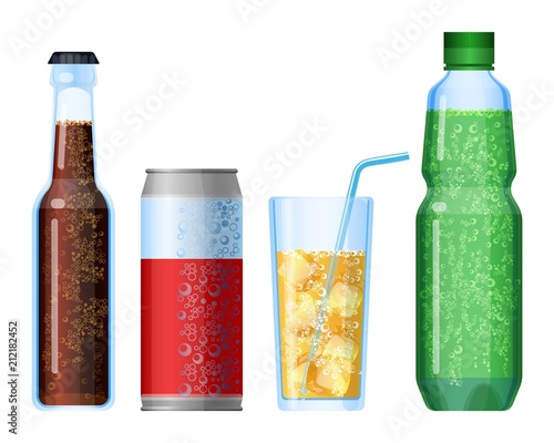 Fizzy drinks beverage with bubbles set. Plastic and glass bottles