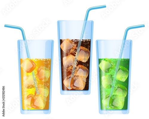 Fizzy drinks poured in glasses refreshing set vector illustration