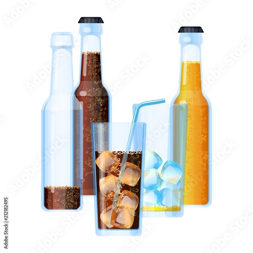 Fizzy drinks beverages set with ice vector illustration