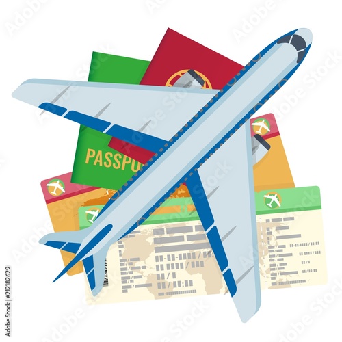 Passport tickets documents and airplane set vector illustration