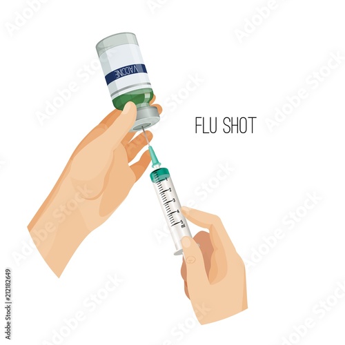 Flu shot poster with hands of doctor vector illustration
