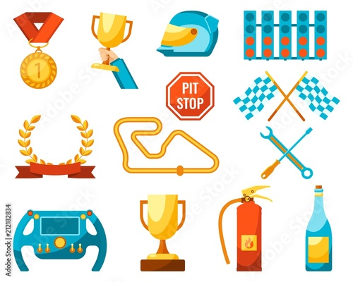 Formula 1 auto sport set of racing icons color poster