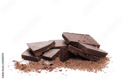Chocolate bars, pieces with shavings isolated on white background