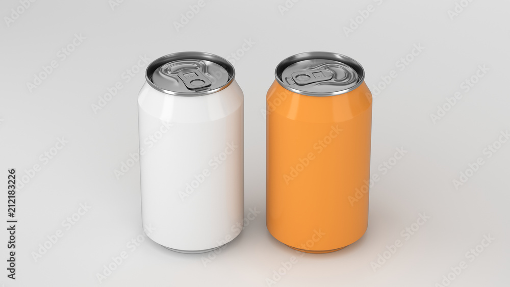 Two small white and orange aluminum soda cans mockup on white background Two small white and orange aluminum soda cans mockup on white background