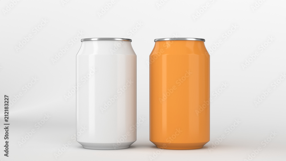 Two small white and orange aluminum soda cans mockup on white background
