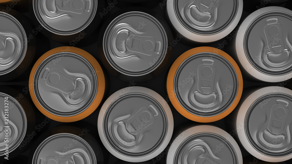 Big black, white and orange soda cans on white background Big black, white and orange soda cans on white background