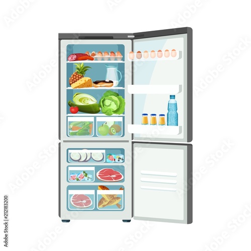 Open fridge with products isolated on white color banner photo