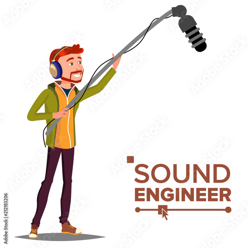 Sound Engineer Man Vector. Audio Recording Process. Recording News, Film. Cinematography. Isolated Cartoon Illustration