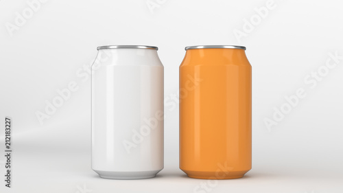 Two small white and orange aluminum soda cans mockup on white background