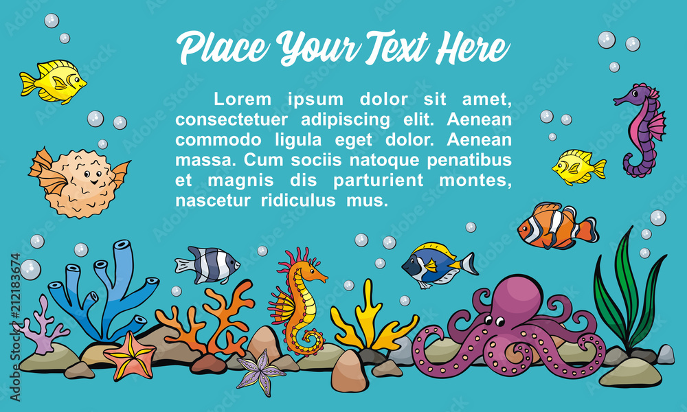 Fototapeta premium Image of lovely sea inhabitants in doodle style. Vector background.