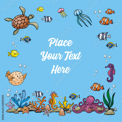 Image of lovely sea inhabitants in doodle style. Vector background.