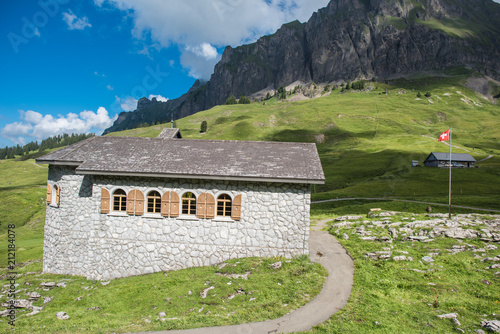 Pragelpass switzerland with the chapel. Remote and beautiful mountain pass between Klöntal on the Glarus side and Muotatal in Schwyz photo