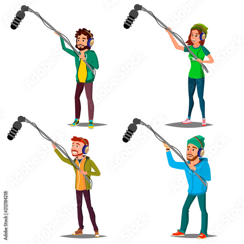 Sound Engineer Set Vector. Man, Woman. Journalist With Microphone. News, Film. Cinematography. Journalism Television. Audio Recording Process. Professional Videography Studio. Cartoon Illustration