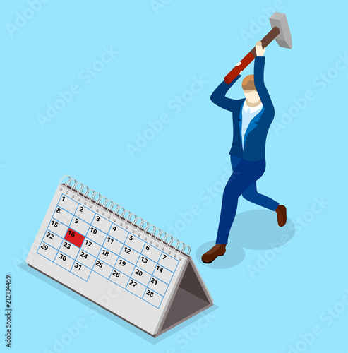 Man breaks calendar. Time management isometric illustration.
