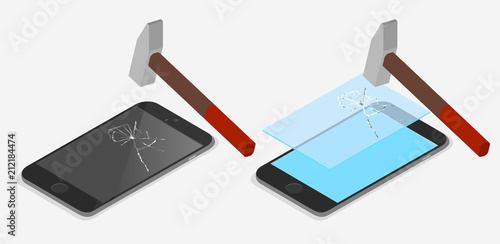 Hammer beats smartphone screen. Isometric illustration.