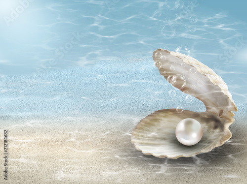 Pearl in oyster shell on sea sand with underwater ocean ripples
