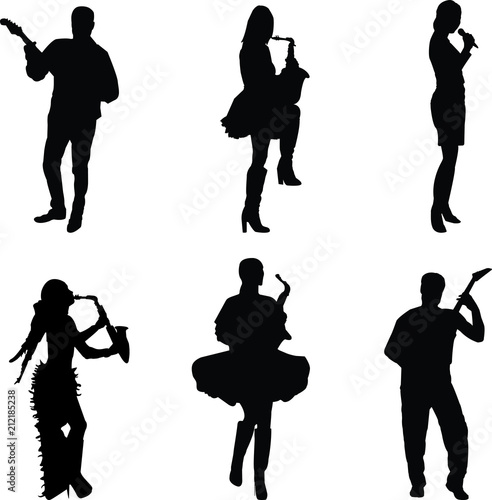 a set of musicians. Saxophonists, singers, guitarists. Female saxophonists. Saxophone, guitar, microphone.