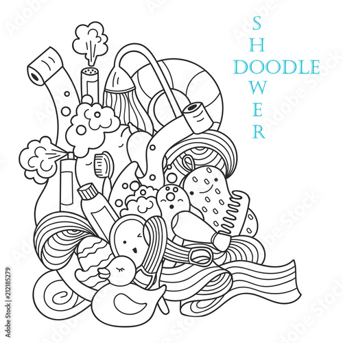 Bathroom items in doodle style. Baby shower pattern for coloring book or design.